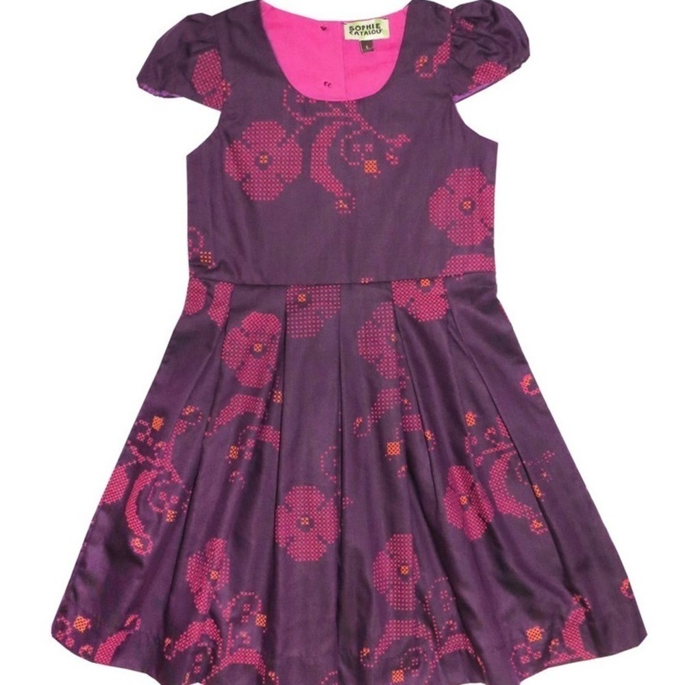 Purple Pleated A-Line Sundress with Puff Cap Sleeves